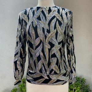 Vtg 70s top black metallic gold silver S Miss It